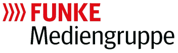 Logo der Funke Mediengruppe. Das Logo zeigt das Wort „FUNKE“ in fetten, roten Großbuchstaben, gefolgt von drei roten, nach rechts gerichteten Winkeln. Unter „FUNKE“ steht „Mediengruppe“ in Schwarz.